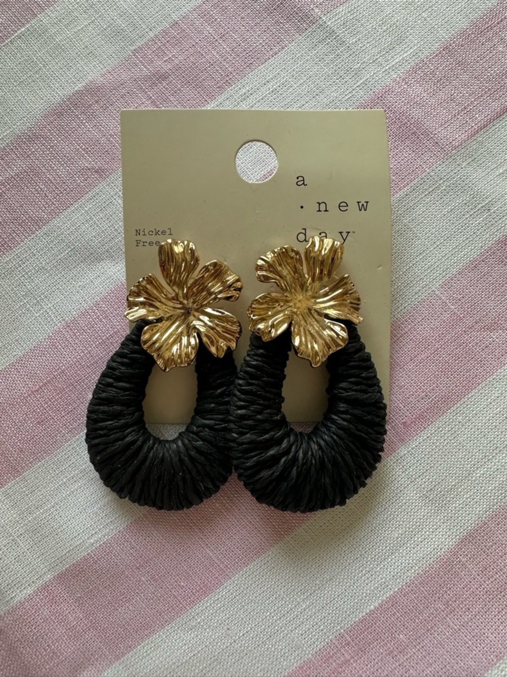 a new day Black Wrapped Teardrop Earrings with Gold Floral Studs